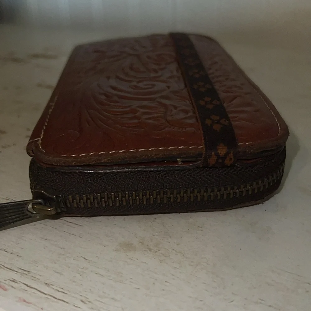 Patricia Nash Embossed Brown Leather Wallet zip around fold over